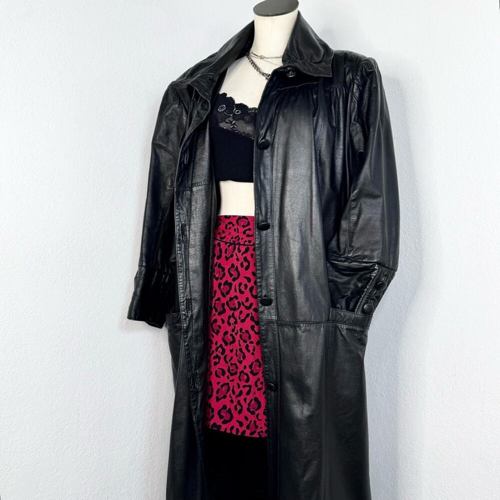 Vintage Leather Trench Coat Oversized Small Matrix Long Black Leather Coat